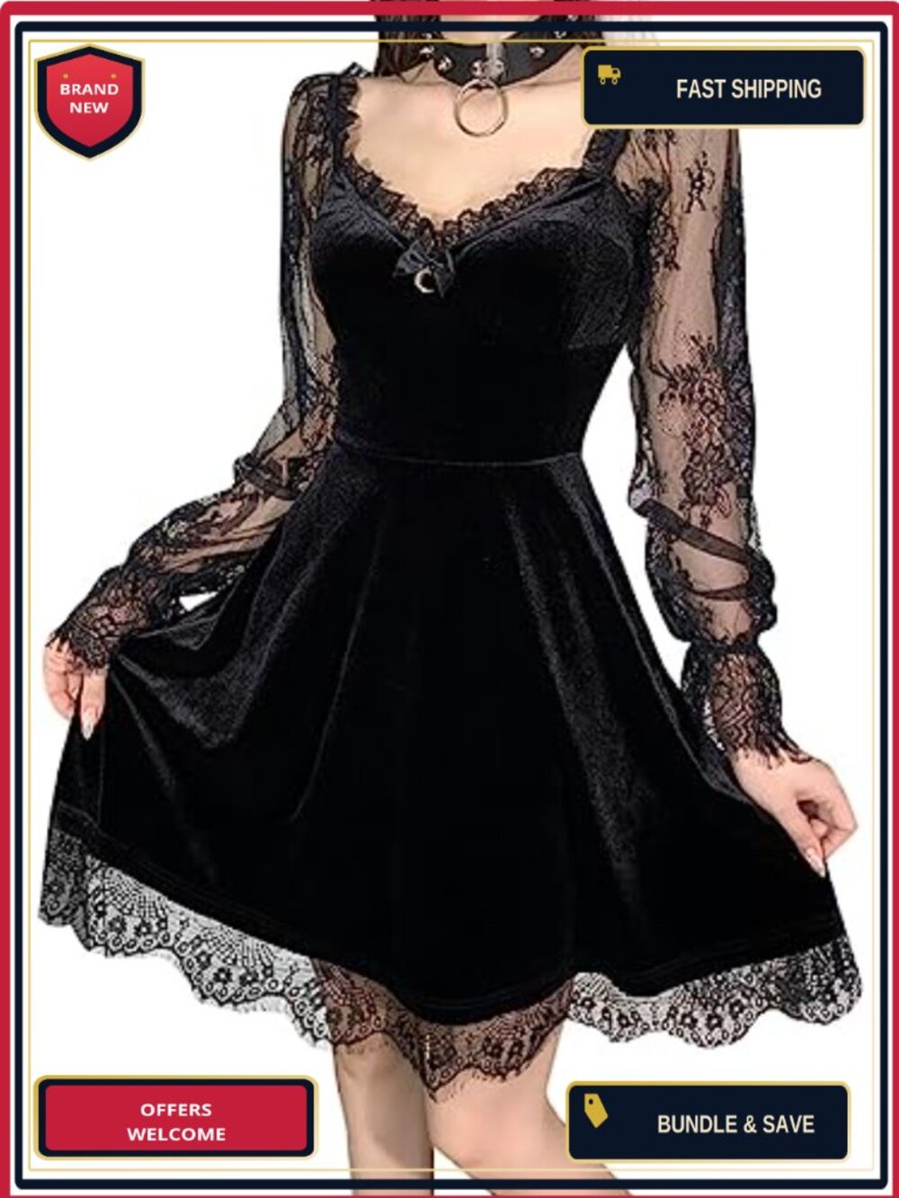 Womens Velvet Lace Sleeve Gothic Mini Dress A-Line Backless Long Sleeve